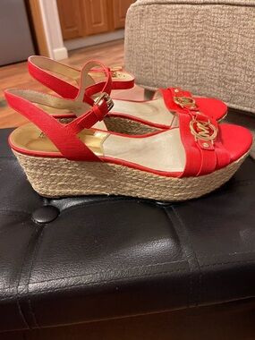 Michael Kors Red Canvas Espadrille Wedge Sandals with Gold Logo